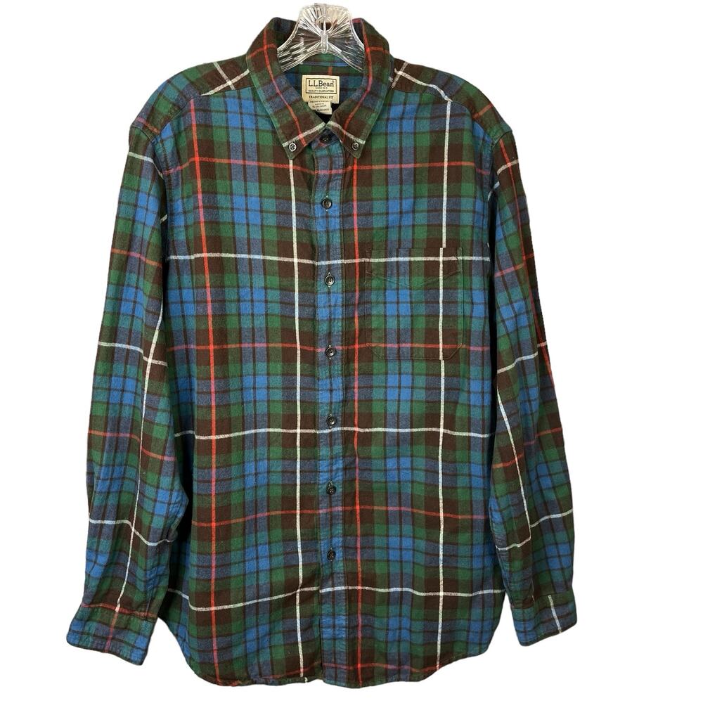 LL Bean Men' Traditional Fit Long Sleeve Button Blue Plaid Flannel Shirt
